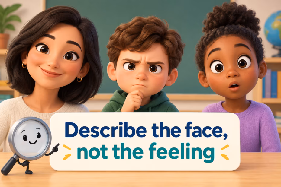 Three illustrated faces with smiling, furrowed-brow, and wide-eyed features above the reminder “Describe the face, not the feeling.” Teaching point: Describe the face, not the feeling.