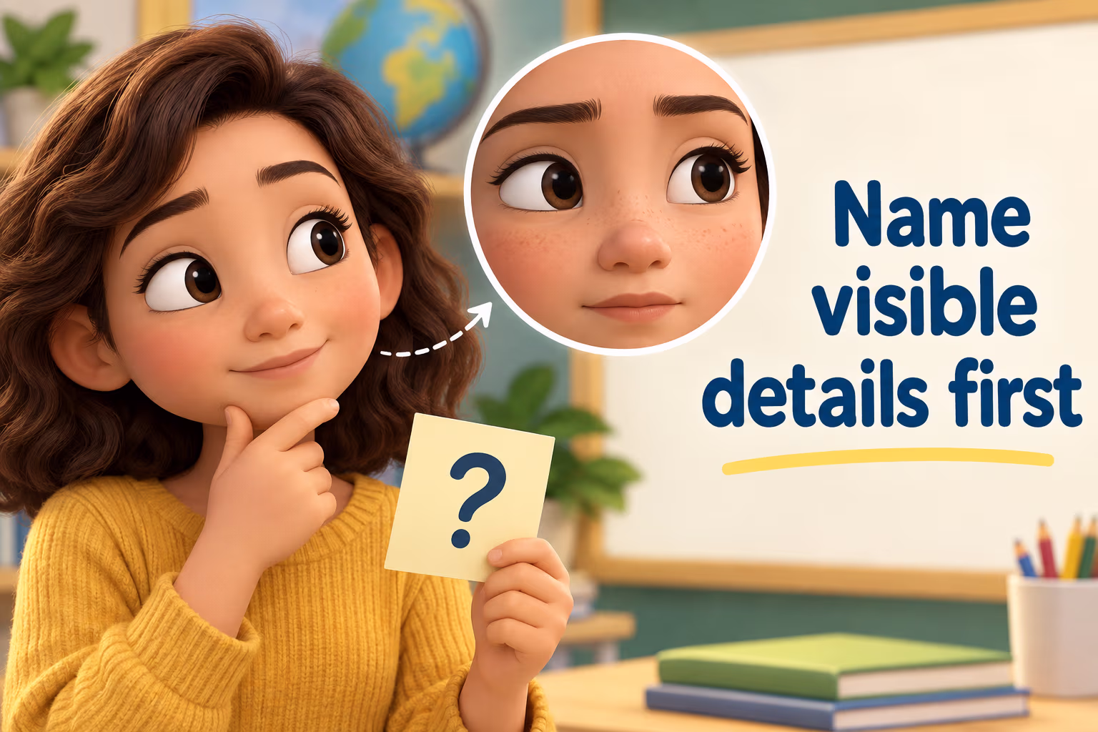 A child observes a face and studies visible details. Teaching point: Name visible details first.