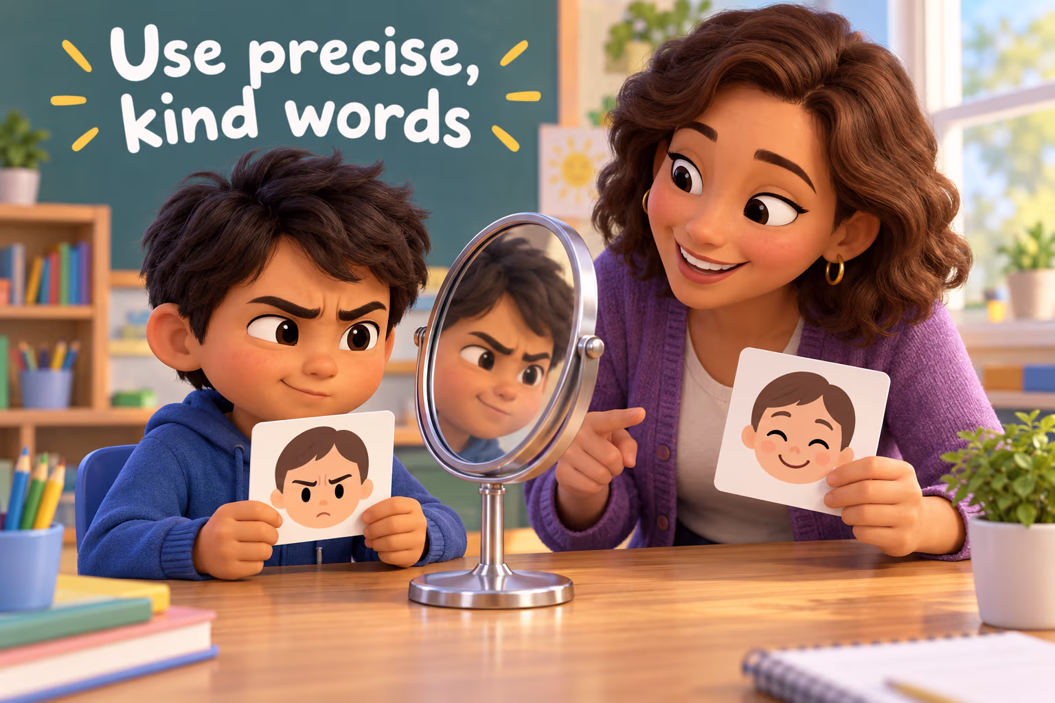 A teacher and child practice describing expressions with a mirror. Teaching point: Use precise, kind words.