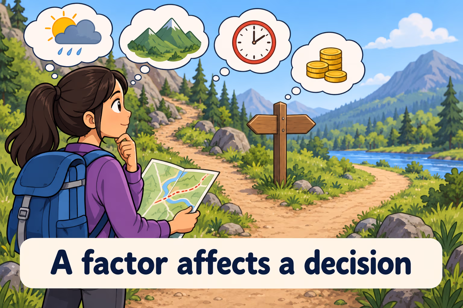 A hiker considers weather, terrain, time, and cost as factors before choosing a route.