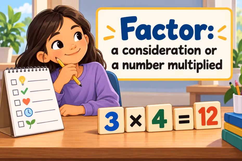 An illustration showing factor as a consideration and as a number multiplied, with 3 × 4 = 12.