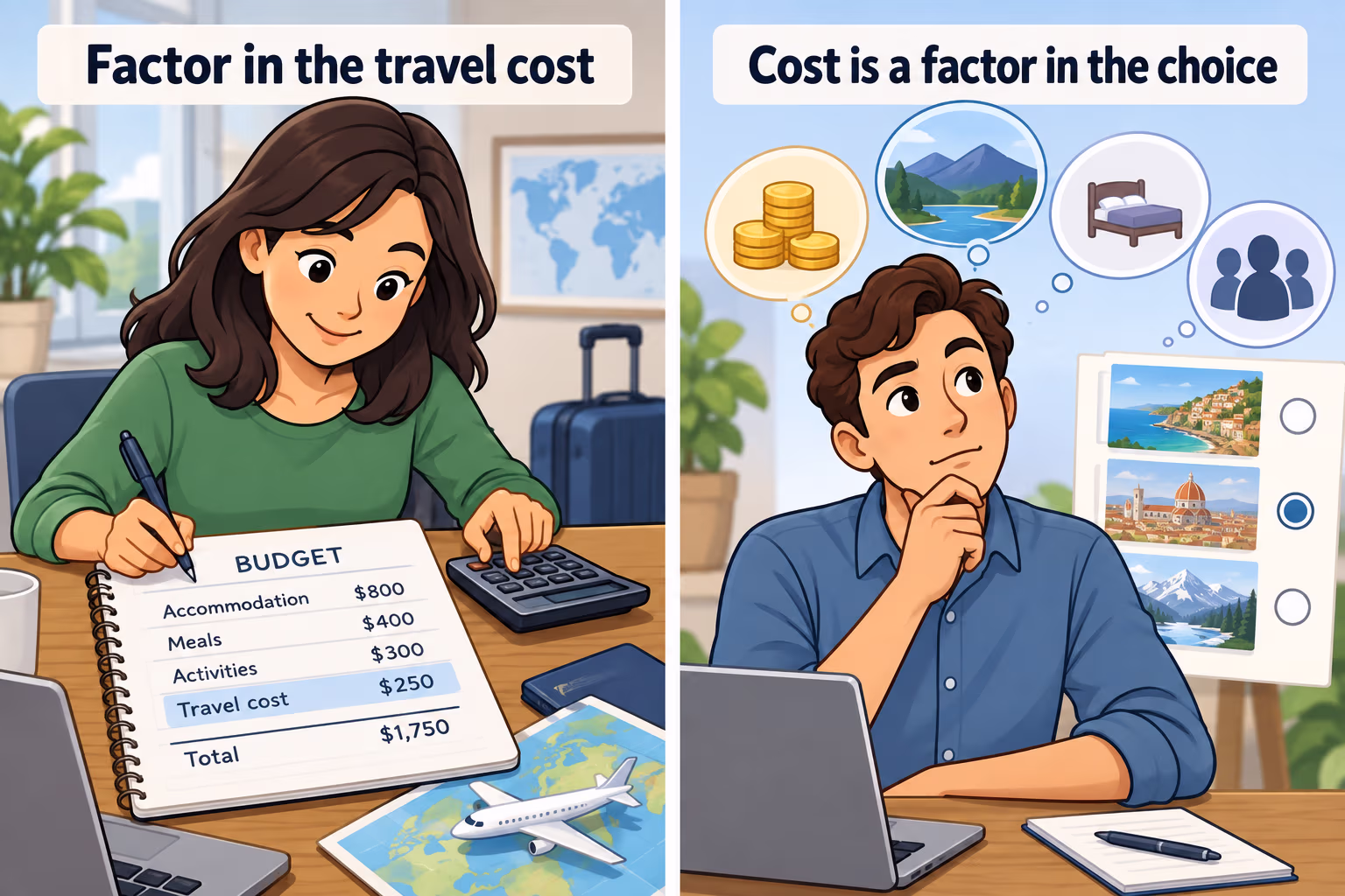 A planner factors travel cost into a budget while another person considers cost as a factor in a choice.