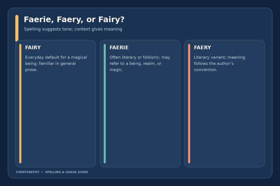 A usage map for fairy, faerie, and faery: fairy is the everyday spelling; faerie and faery are literary variants whose meaning depends on context.