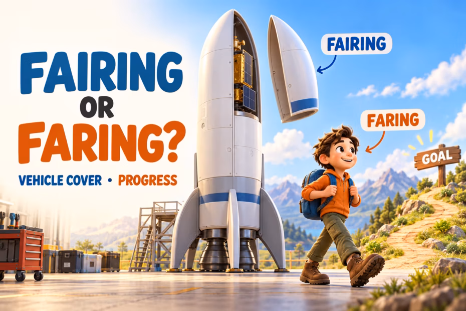Illustration compares fairing, a rocket cover, with faring, a person progressing toward a goal