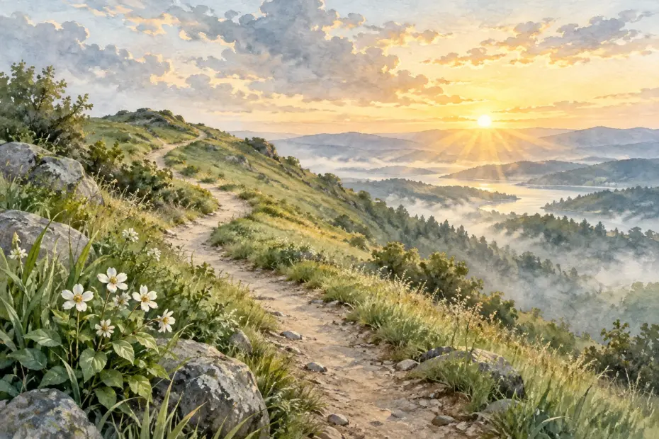 A winding path across a green hillside leads toward a warm sunrise beneath soft clouds.