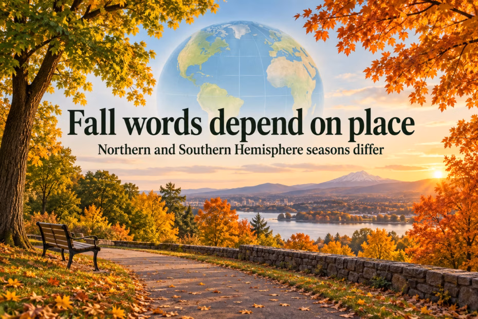 Fall park path, autumn canopy, and globe next to the words “Fall words depend on place” and “Northern and Southern Hemisphere seasons differ”.