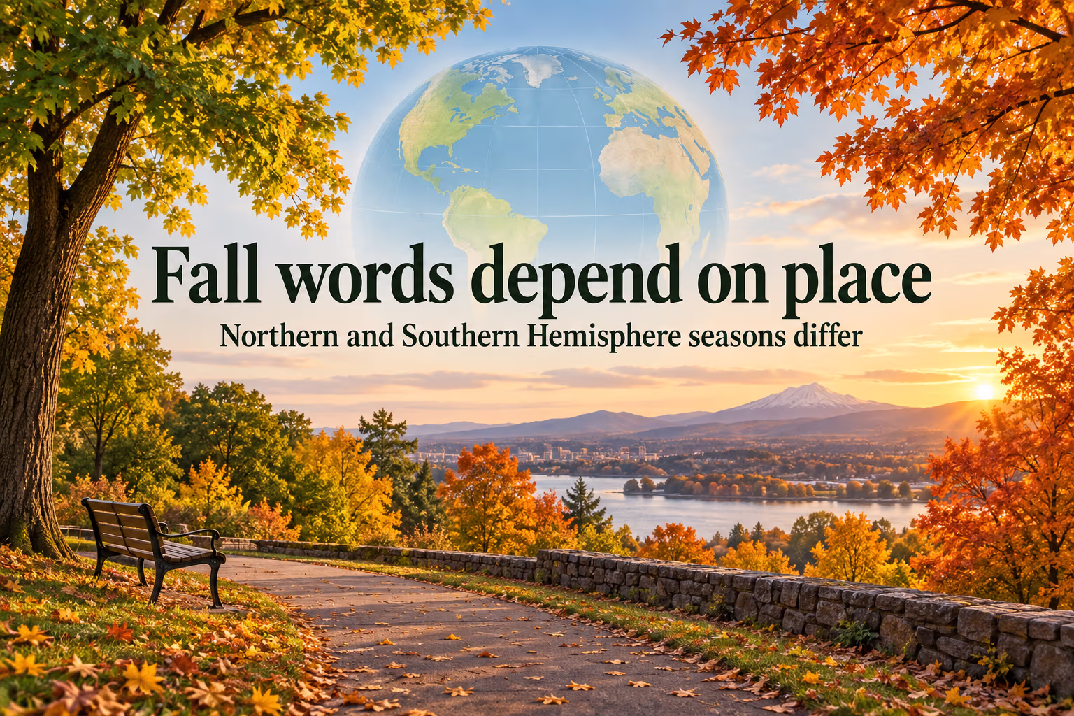 Golden park path and globe with the text ‘Fall words depend on place’ and ‘Northern and Southern Hemisphere seasons differ’