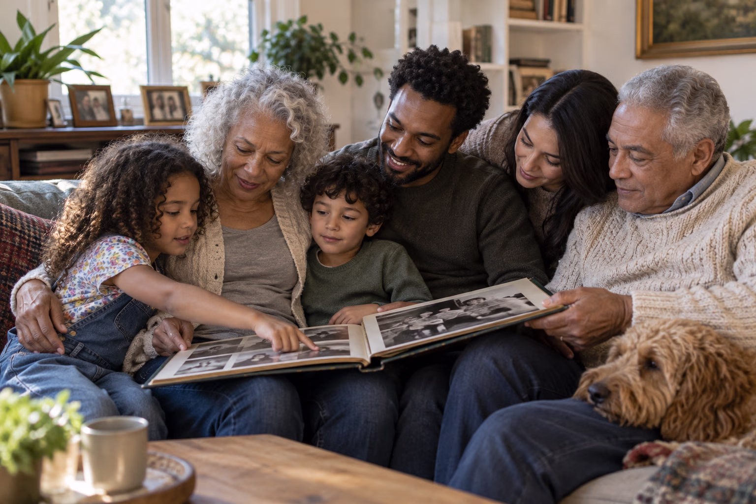 A multigenerational family looks through a photo album together