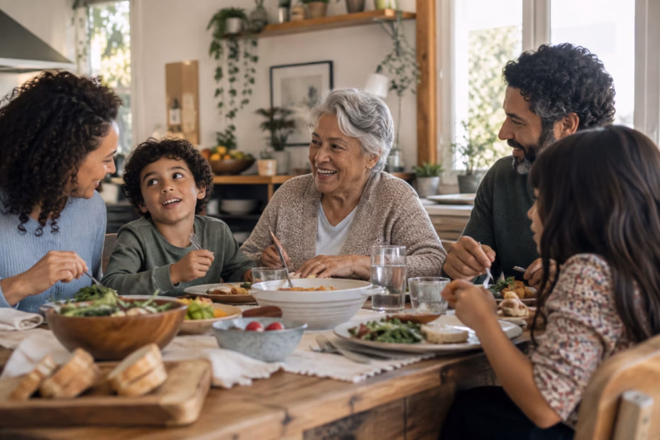 A multigenerational family shares a meal around a dining table