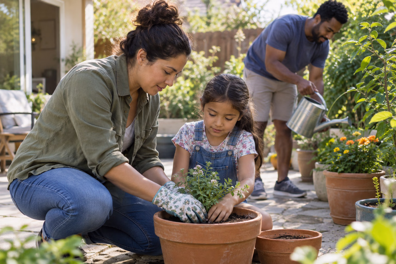 A caregiver and child tend a potted plant together while a family member waters nearby