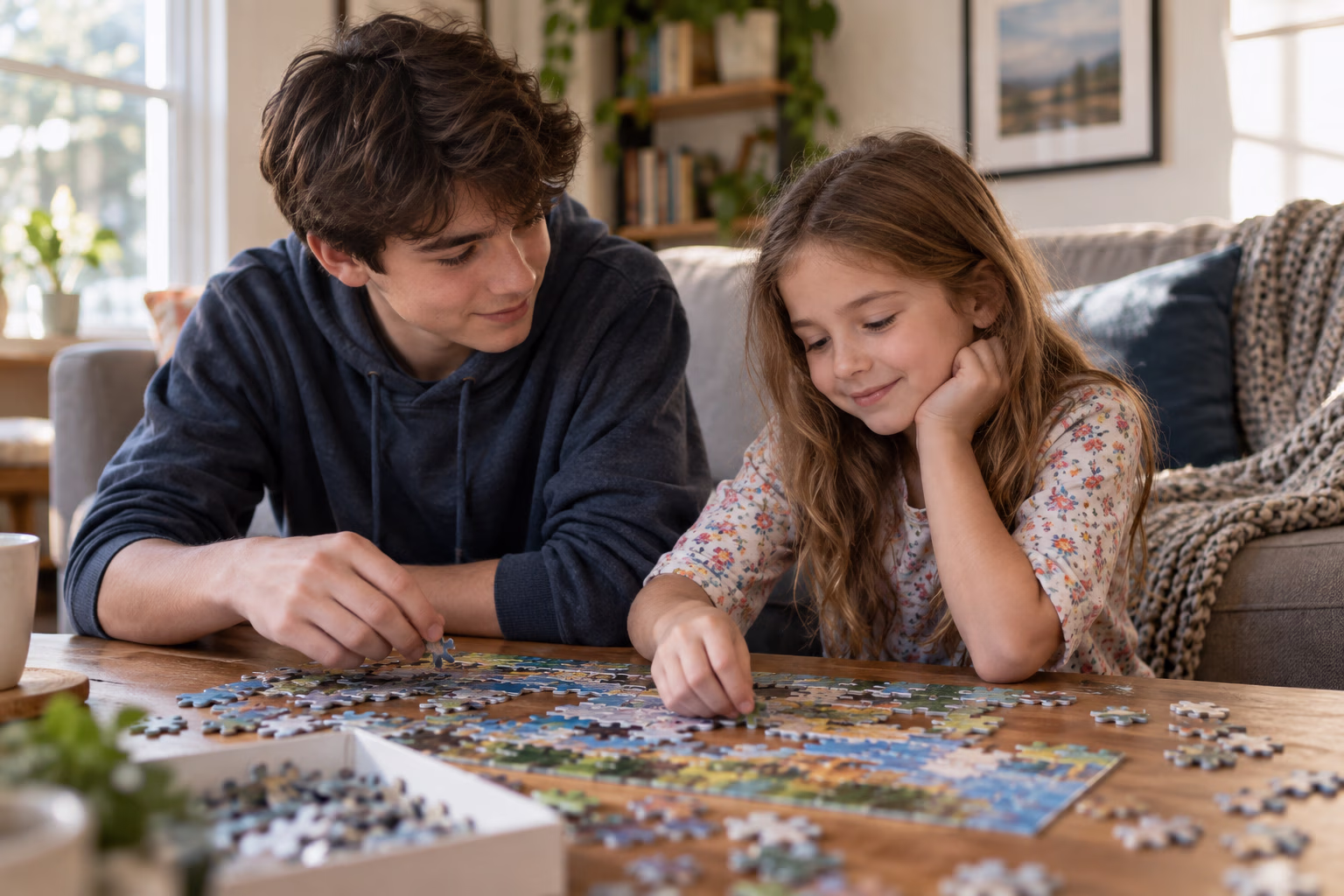 An older sibling and younger sibling work together on a jigsaw puzzle