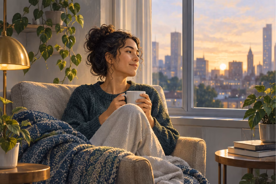 A person pauses by a window with a warm drink after a busy day.