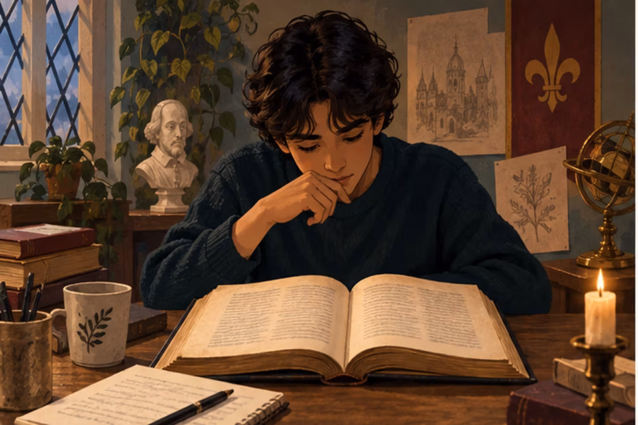 A student studies an old printed play script beside a notebook.