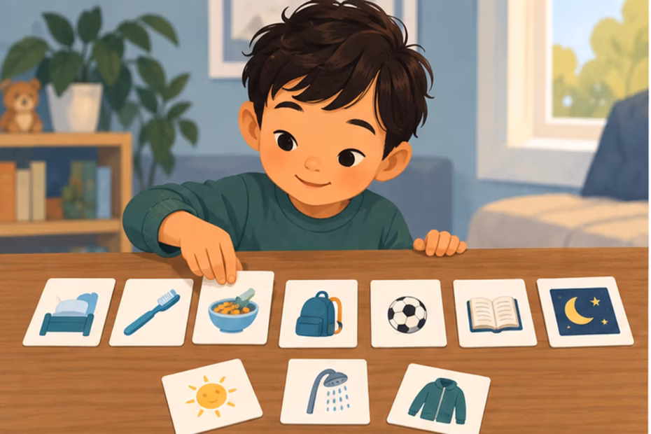 A child arranges picture cards showing a simple day routine in order.