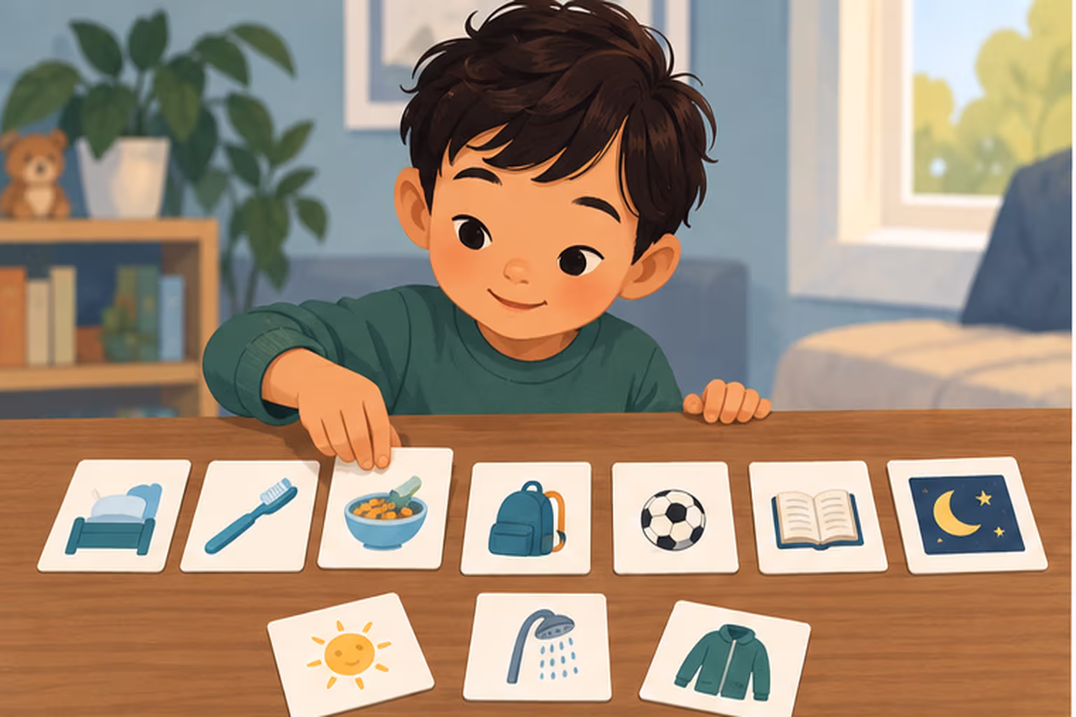 A child arranges picture cards into an ordered series on a table.