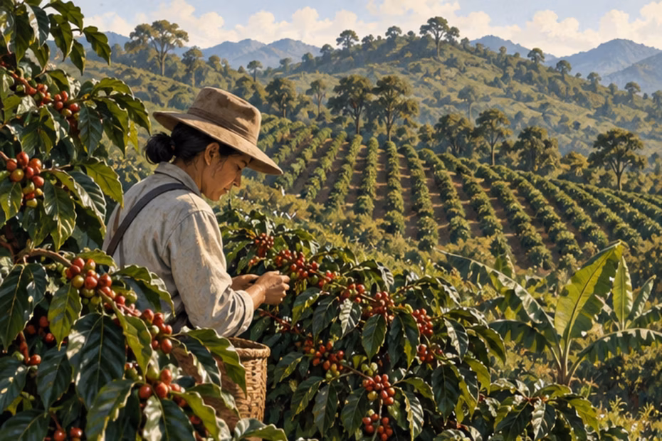 Rows of coffee plants grow on a cultivated hillside farm.