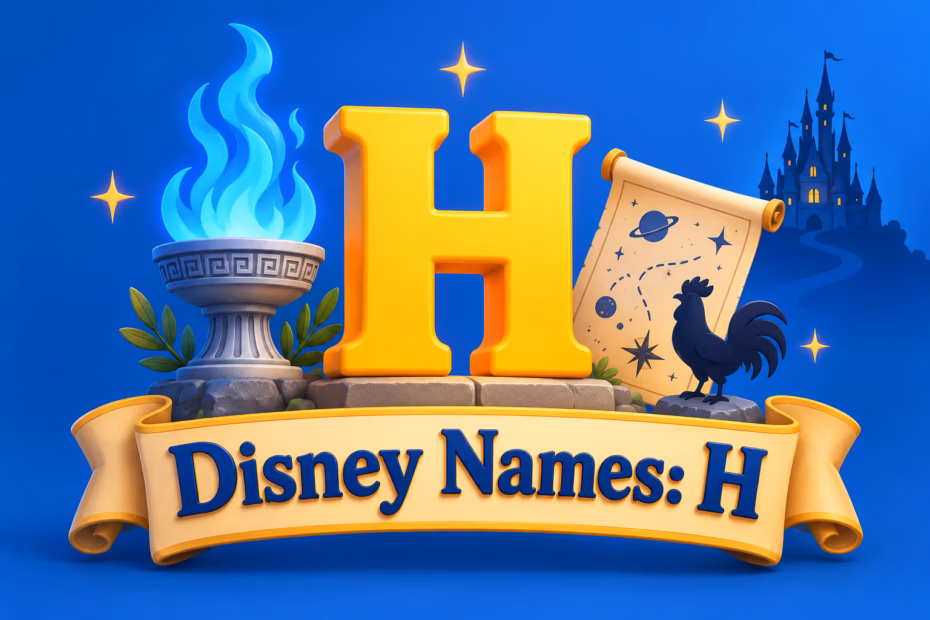 A bright letter H with a Greek-style flame bowl, a rooster silhouette, a space map, and a castle introduces Disney story names beginning with H.