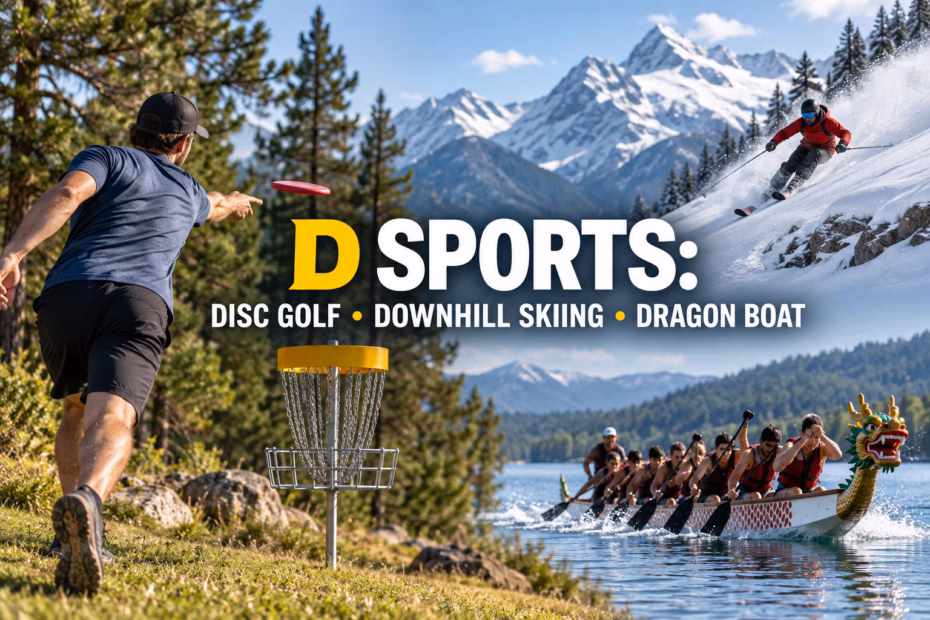 D sports collage showing disc golf, downhill skiing, and dragon boat racing