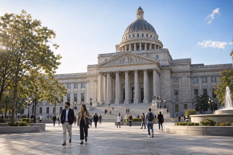 A public civic building and open square, representing government institutions and shared civic life.