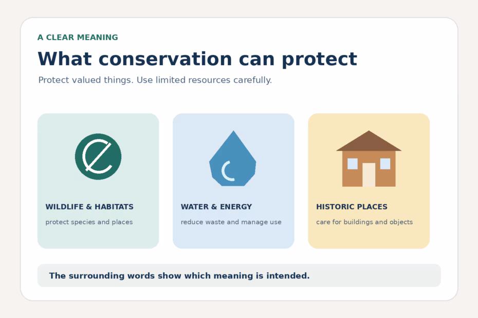 Illustration of conservation protecting wildlife habitats, water and energy resources, and historic places.