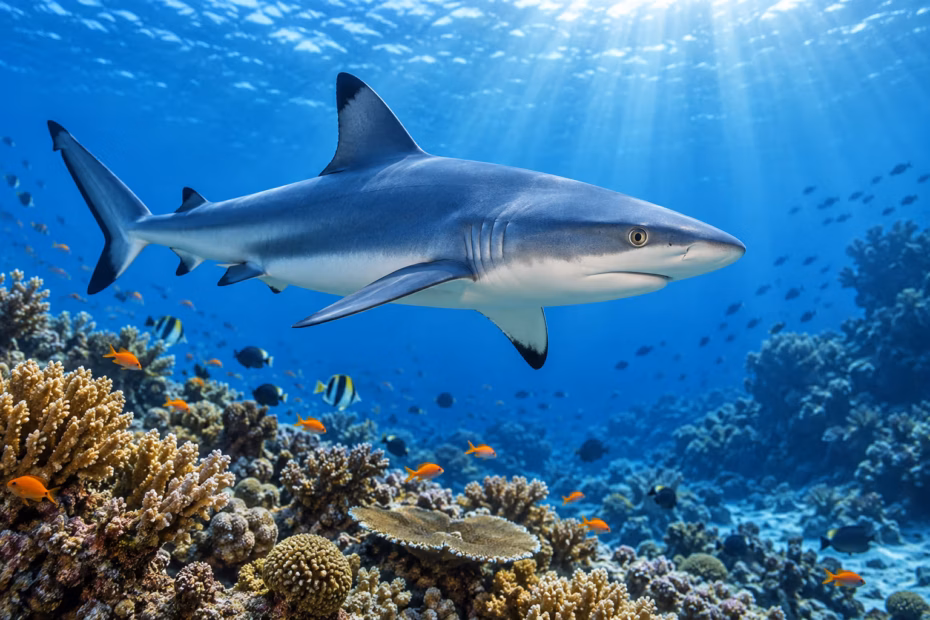 A blue reef shark gliding above a coral reef in clear water