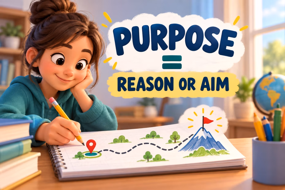 Purpose means a reason or aim; a student maps a route from a goal to a destination