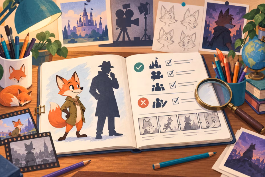 An illustrated animator’s desk with a storyboard, character sketches, and a checklist for researching cartoons