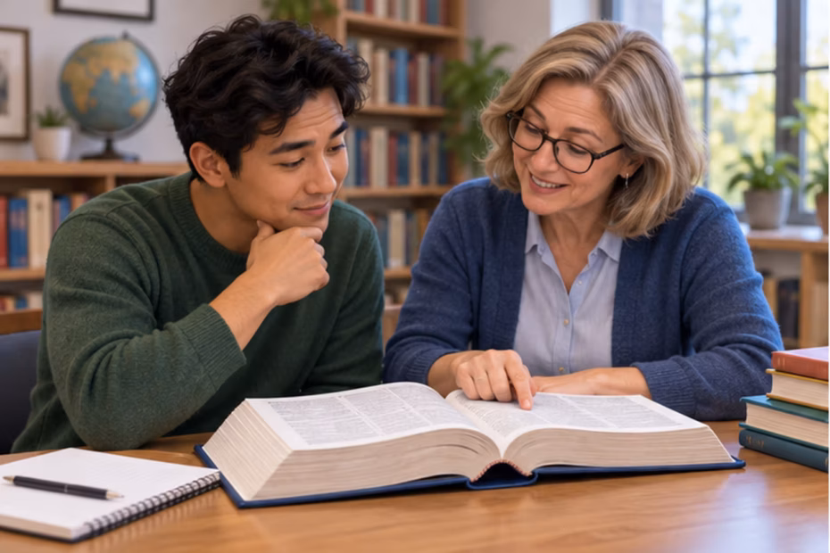 An adult language learner discusses a dictionary entry with a tutor.
