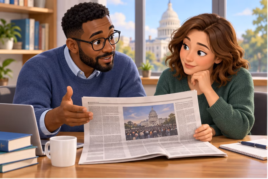 A tutor and adult student discuss a newspaper article at a study table.