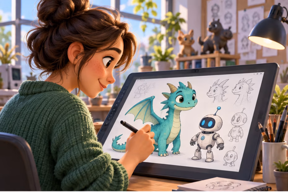 An animator sketches an original dragon and small robot as cartoon concepts.