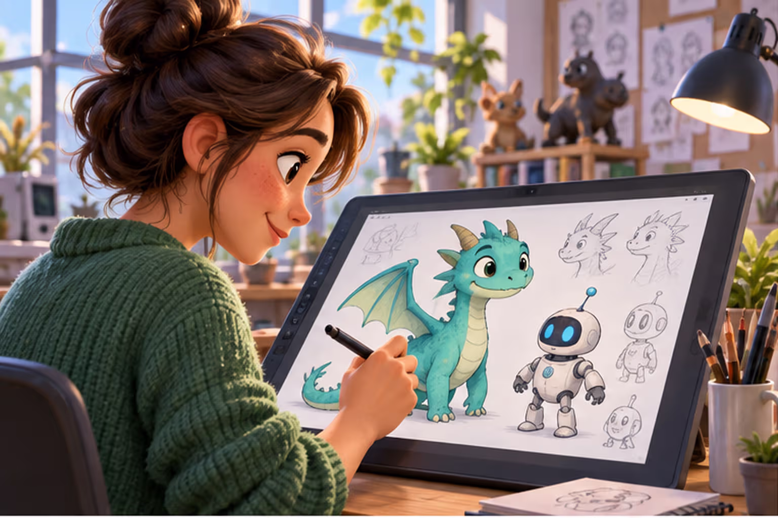 An animator sketches an original dragon and small robot as cartoon concepts.
