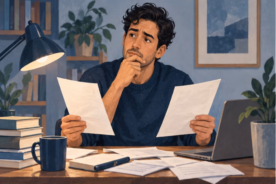 A person weighs two choices amid papers at a desk, illustrating inner uncertainty.