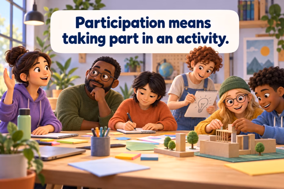 A workshop group speaks, listens, writes, sketches, and builds together. Participation means taking part in an activity.