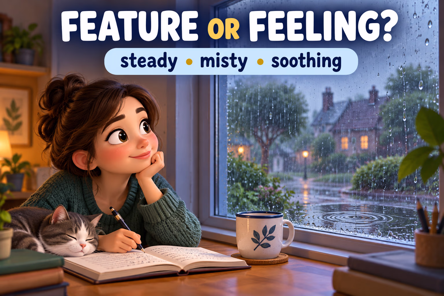 Animated writer watching rain and choosing between observable features and a personal feeling.