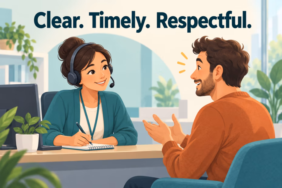 A customer-service representative listens to a customer across a help desk, with headline “Clear. Timely. Respectful.”