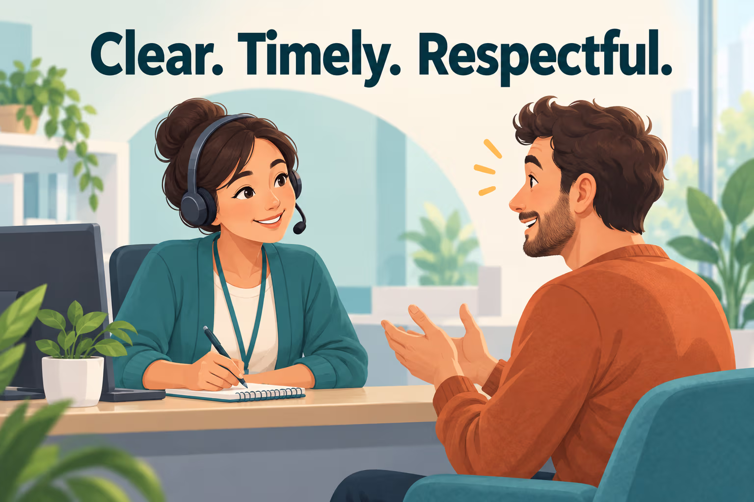 A customer-service representative listens to a customer across a help desk, with headline “Clear. Timely. Respectful.”