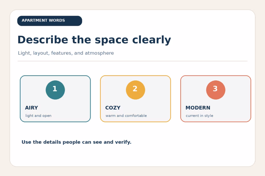 Adjectives for apartment descriptions: airy, cozy, and modern describe different qualities