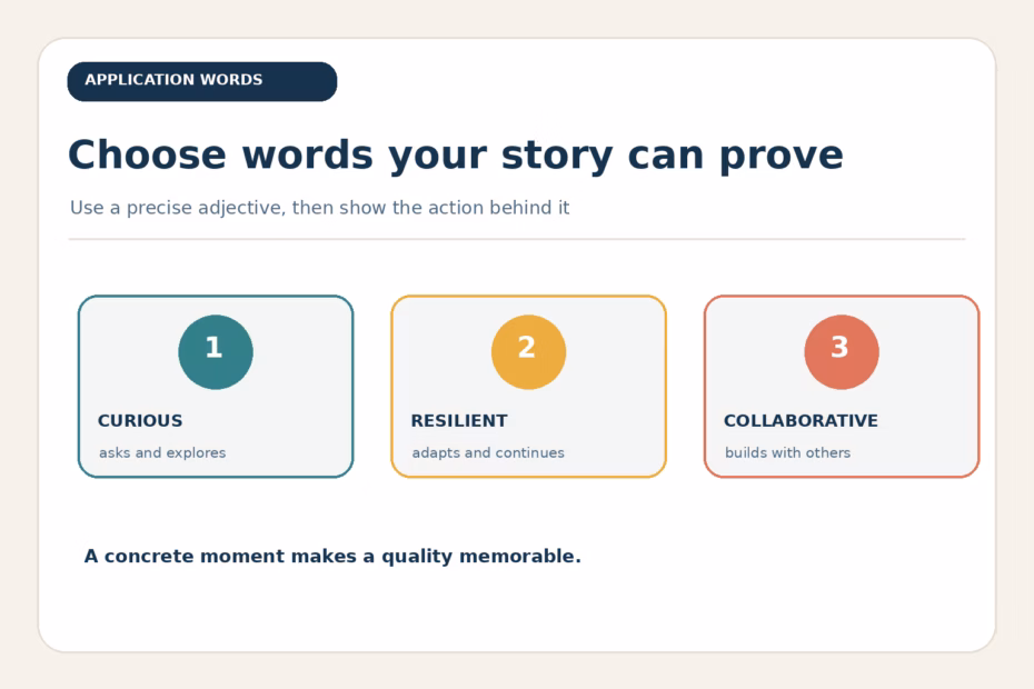 Use adjectives for college applications by connecting personal qualities to specific actions and reflections