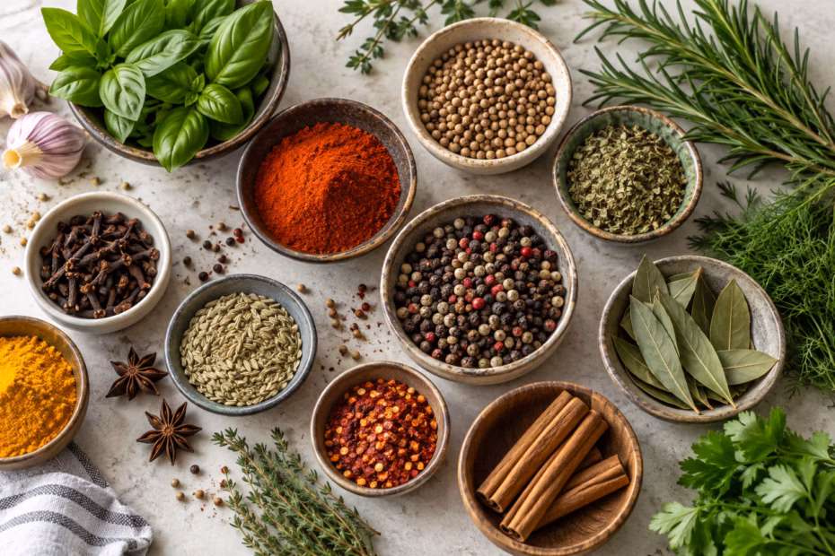 Fresh herbs and bowls of whole spices for an A to Z kitchen guide