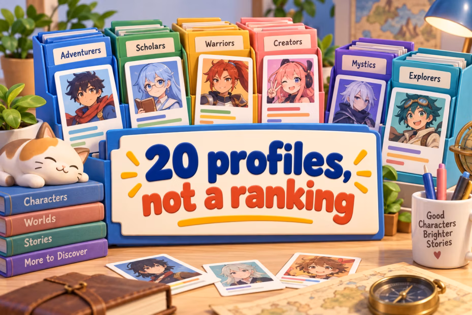 Playful 3D archive scene with colorful profile cards. Text: 20 profiles, not a ranking.