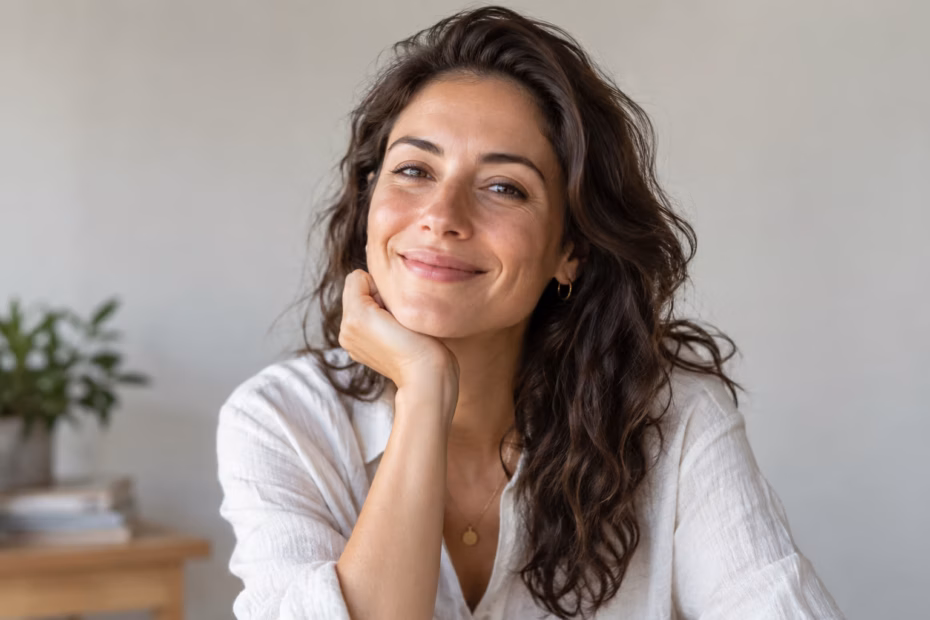 An adult woman with a warm, confident natural smile in soft daylight