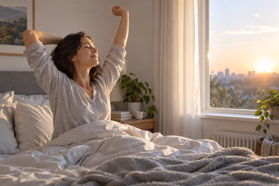 An adult waking and stretching in a quiet bedroom at dawn
