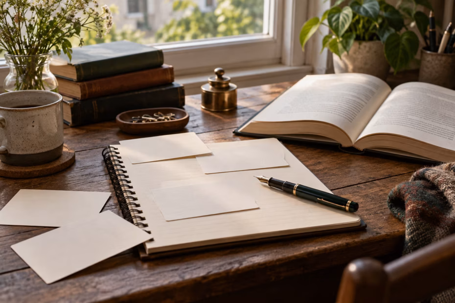 Story planning notebook and open novel on a desk for an article about plot meanings