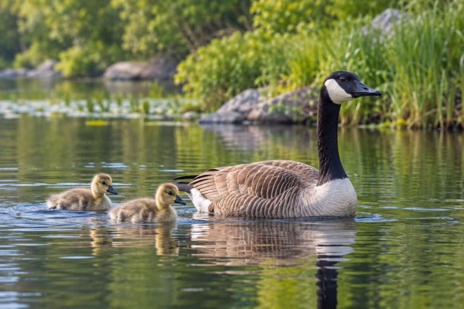 A Canada goose swimming with two goslings on a calm pond