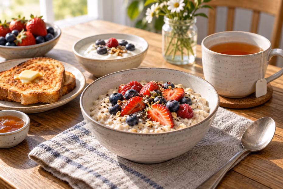 A breakfast table with oatmeal and berries, golden toast, yogurt, and tea