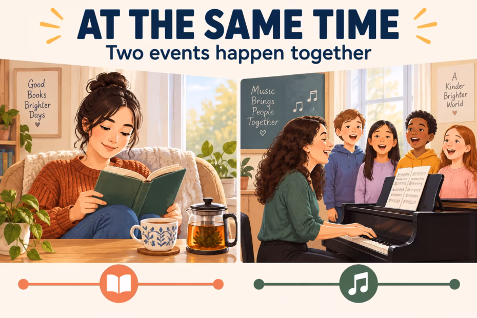 Two scenes show actions happening at the same time: reading while tea steeps and playing piano while children sing.