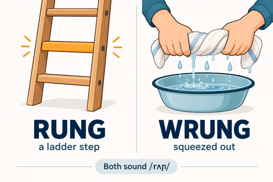 A ladder rung beside hands wringing out a towel, comparing the homophones rung and wrung