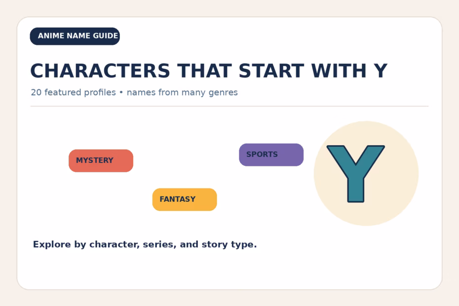 Illustration of Y anime characters with mystery, fantasy, sports, and adventure genre labels