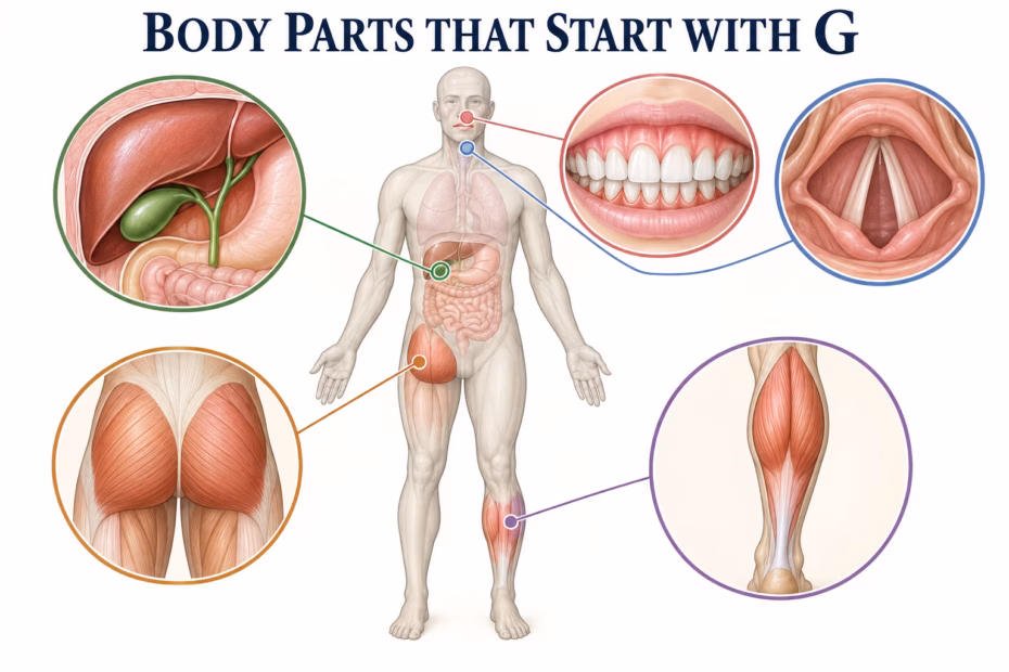 Illustrated overview of body parts beginning with G, including the gallbladder, gums, gluteal muscles, calf, and larynx