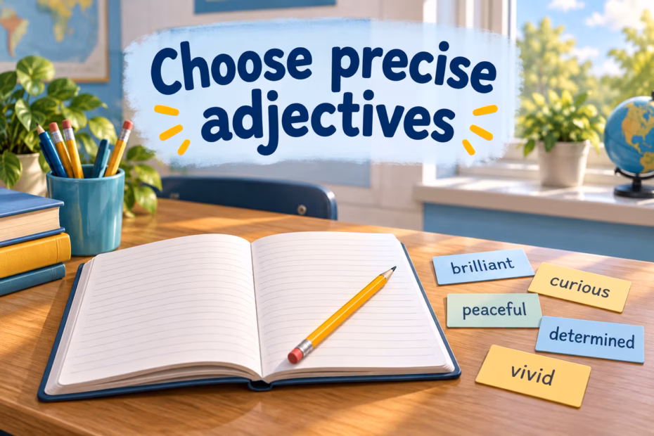 Choose precise adjectives: a notebook and word cards on a classroom desk